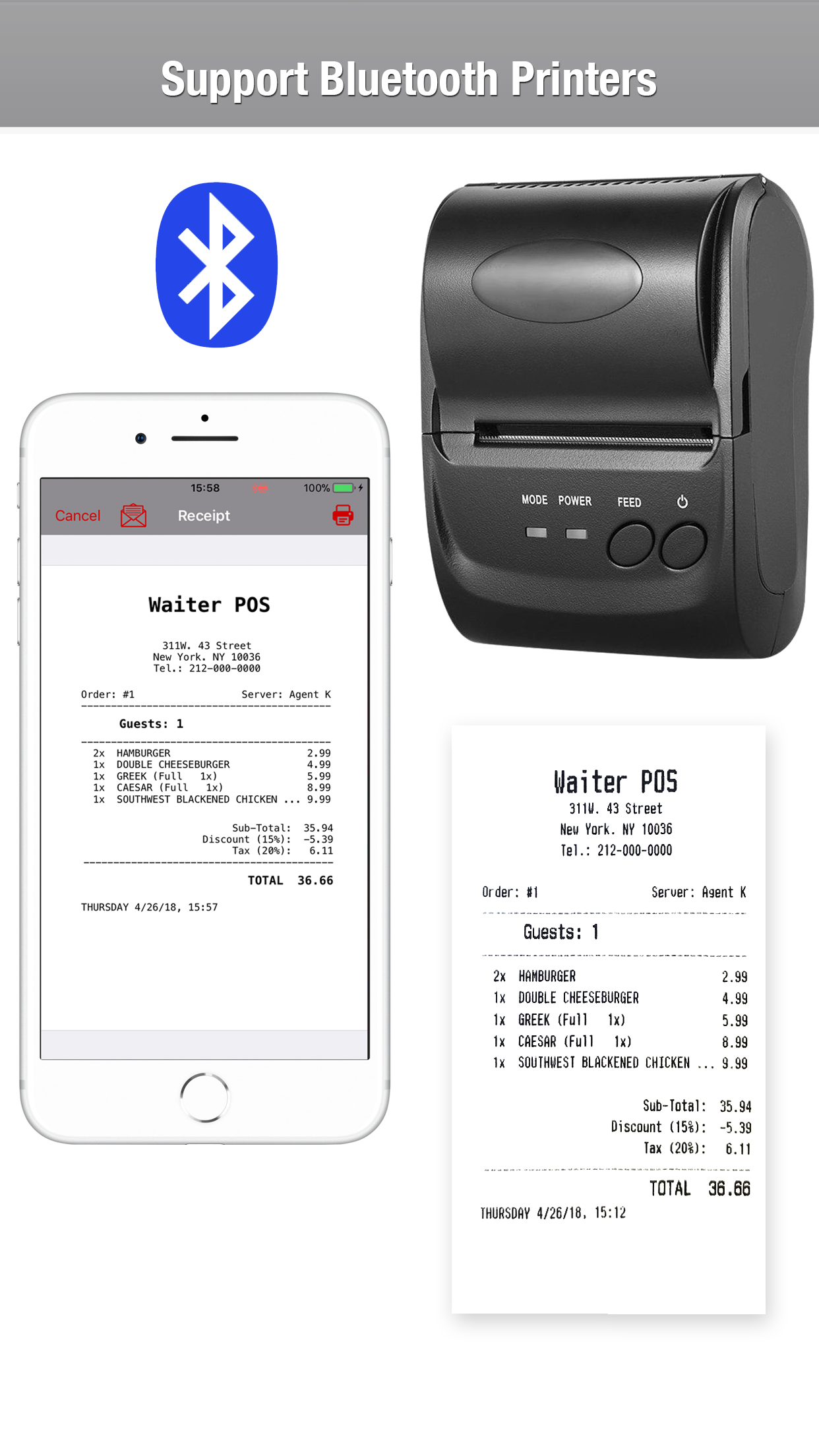 Restaurant POS system, Waiter POS, print receipt via bluetooth printer