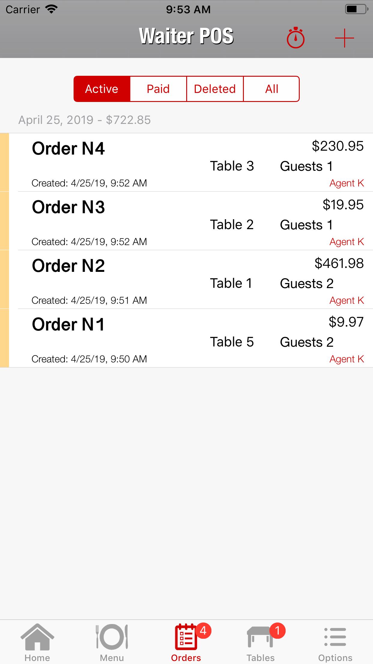 Restaurant POS system, Waiter POS, orders list